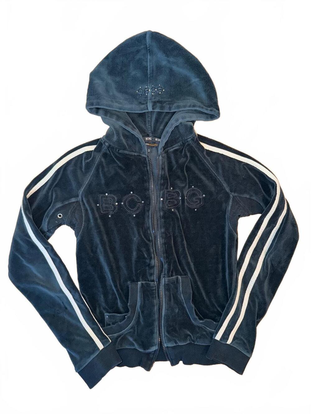 BCBG Max Azria Velour Hoodie Rhinestone Black Y2K Upcycle S